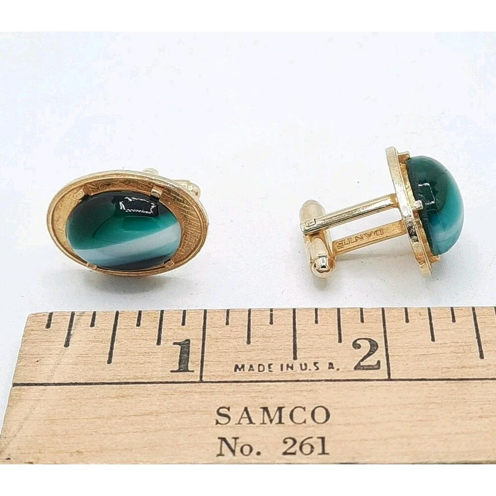 Vintage DANTE Cufflinks Green White Swirl Cats Eye Oval Cabochon Gold Tone